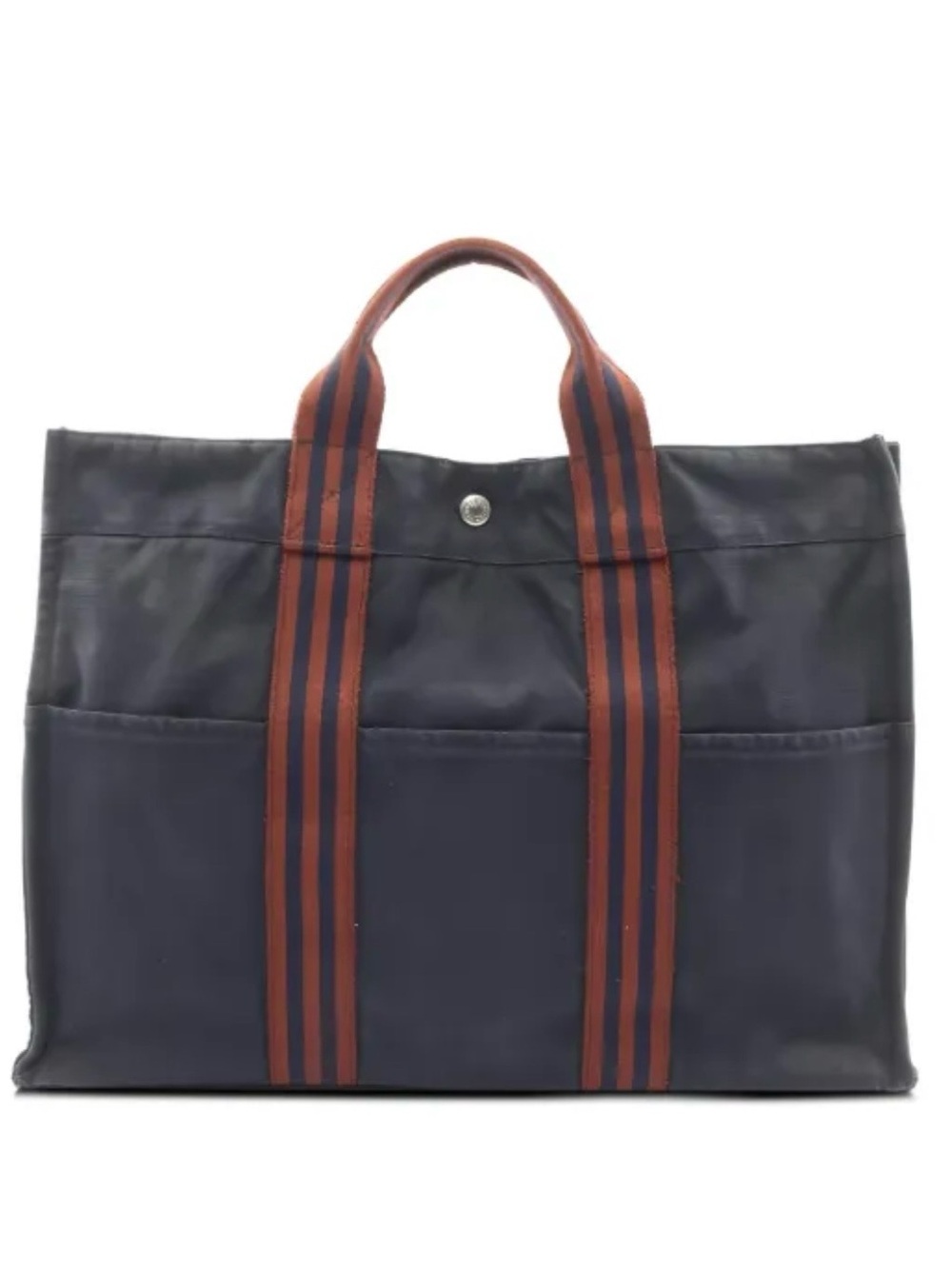 Hermes 2000s MM Fourre Tout Canvas Tote Bag with Striped Handles - Navy & Brown - Picture 3 of 10